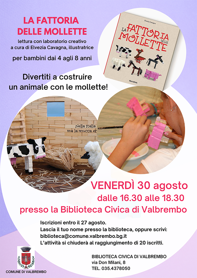 Si invitano le famiglie a partecipare con i loro bambini dai 4 agli 8 anni alla lettura con laboratorio creativo 